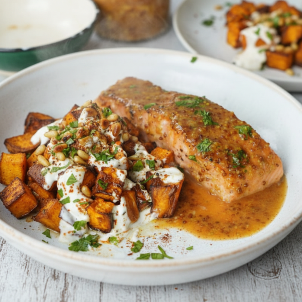 Easy Maple Dijon Salmon with Roasted Sweet Potatoes 1 Easy Maple Dijon Salmon with Roasted Sweet Potatoes