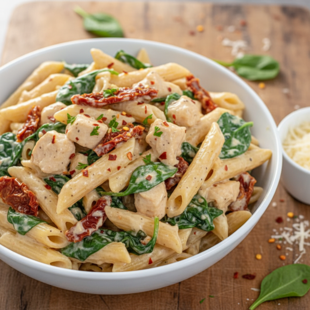 Healthy Creamy Chicken & Sun-Dried Tomato Penne Recipe 1 Healthy Creamy Chicken & Sun-Dried Tomato Penne Recipe