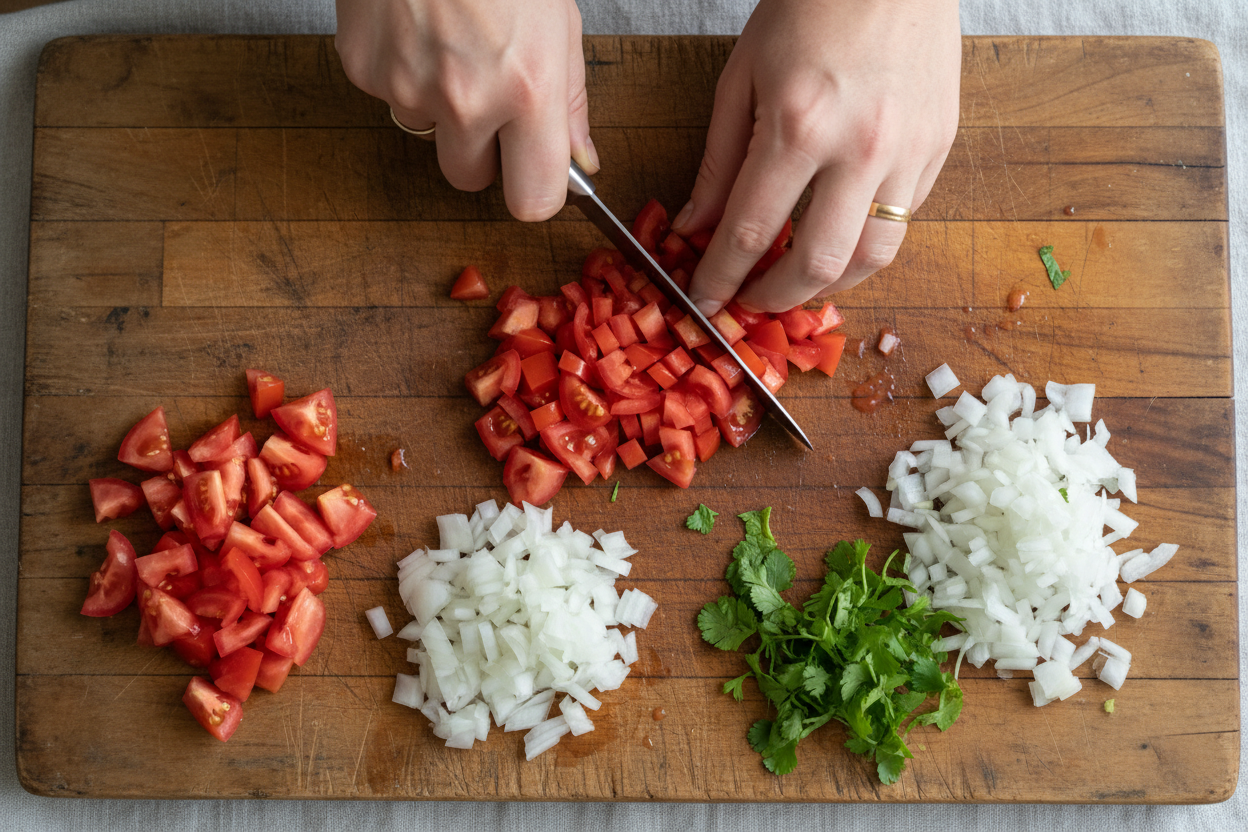 Fresh & Easy Homemade Pico de Gallo (Chopped Tomato Dip) 2 Basic Simple Chunky Salsa preparation step 1