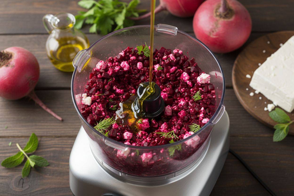 Creamy Roasted Beetroot and Feta Spread Recipe 3 Beet Dip with Feta and Herbs preparation step 2