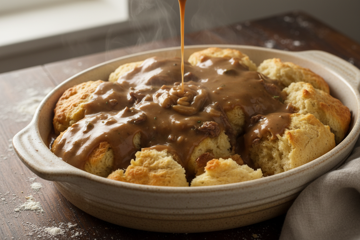 Cheesy Biscuits and Beef Gravy Casserole Recipe 3 Biscuits and Beef Gravy Breakfast Casserole preparation step 2
