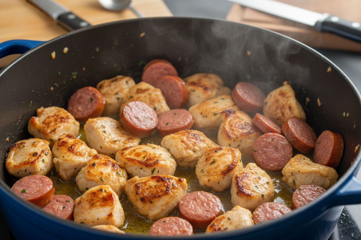 One-Pot Poultry and Beef Sausage Rice Recipe 2 Chicken Jambalaya preparation step 1