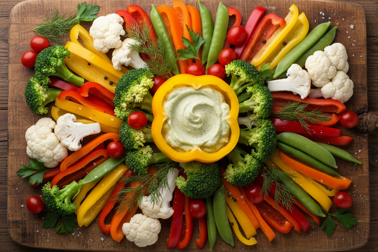 Ultimate Fresh Veggie Board: A Vibrant Crudité Appetizer 3 Colorful Vegetable Platter with Dips preparation step 2