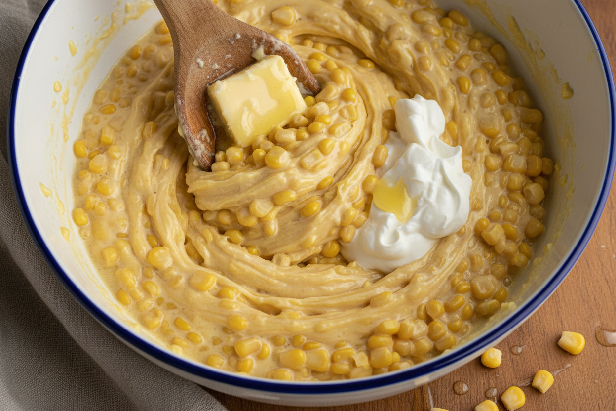 Creamy Baked Sweet Corn Casserole (Easy Jiffy Recipe) 2 Creamed Corn Casserole preparation step 1
