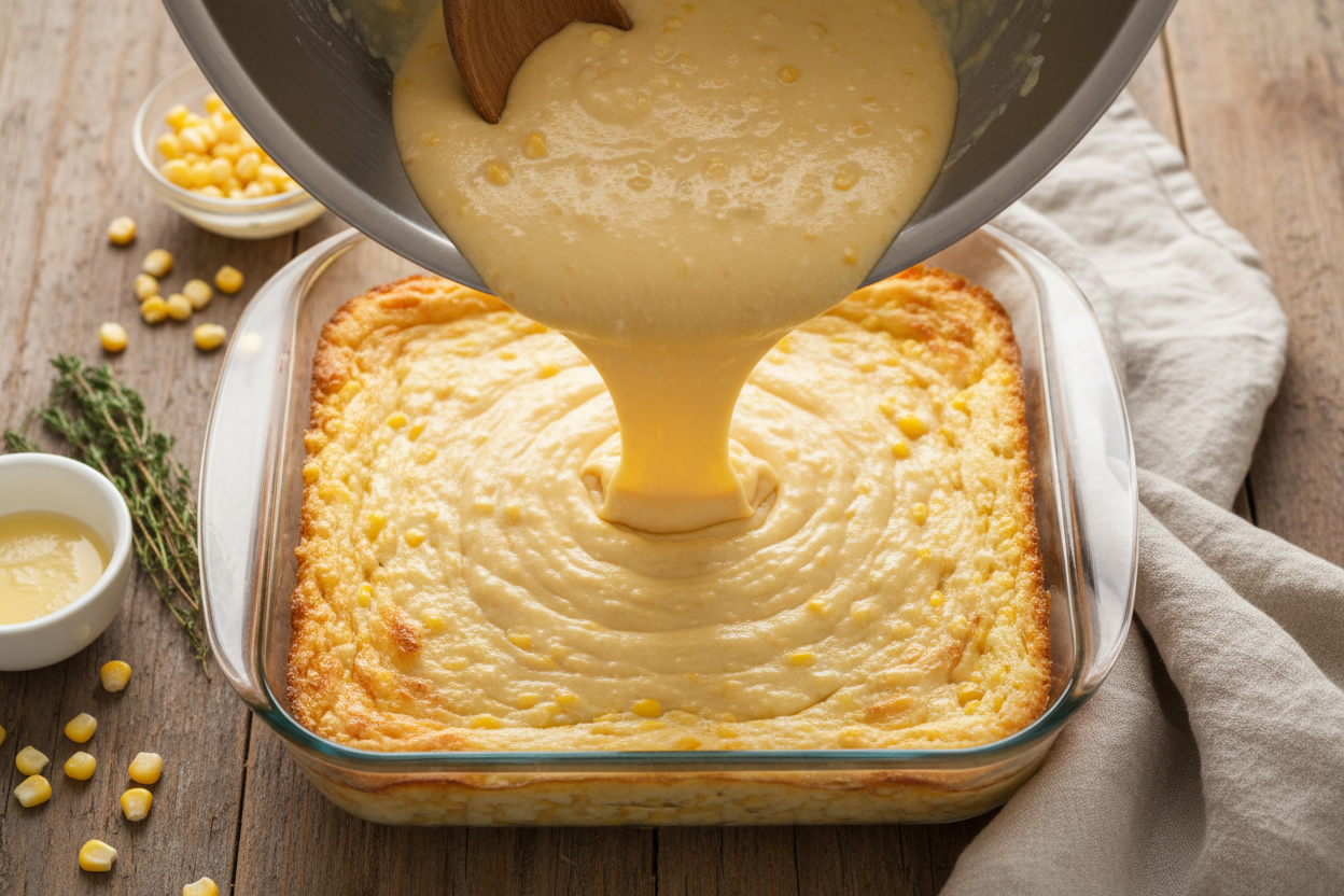 Creamy Baked Sweet Corn Casserole (Easy Jiffy Recipe) 3 Creamed Corn Casserole preparation step 2