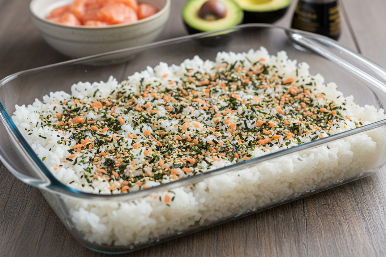 Delicious and Simple Deconstructed Sushi Casserole Recipe 3 Easy Sushi Bake preparation step 2
