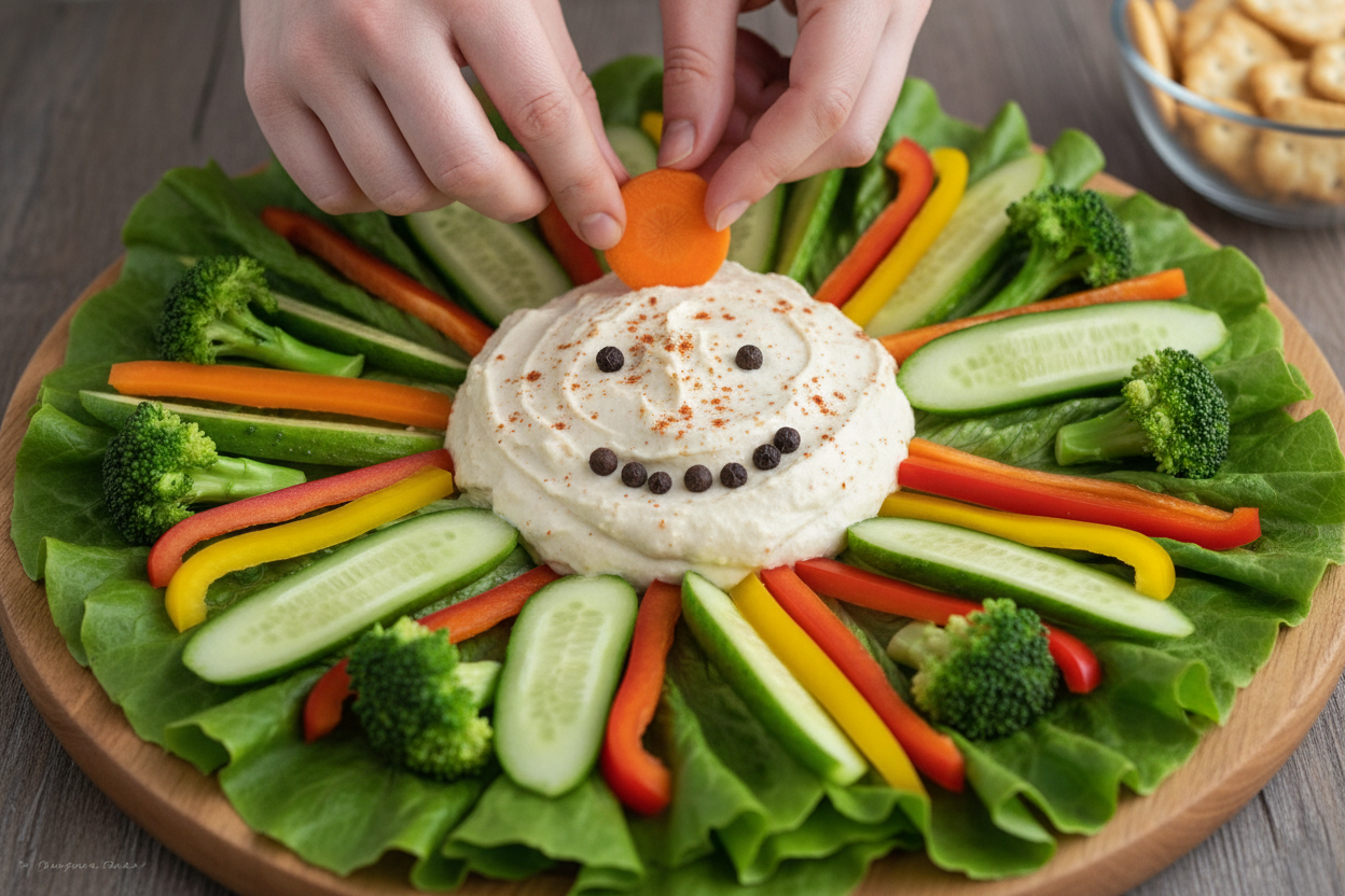 Holiday Snowman Veggie Tray: A Healthy Winter Appetizer 2 Festive Vegetable Platter with Dips preparation step 1