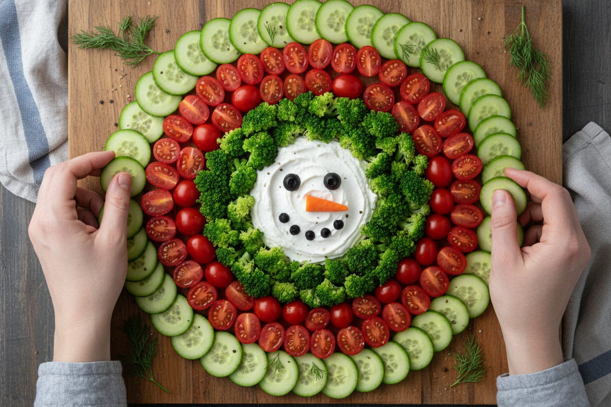 Holiday Snowman Veggie Tray: A Healthy Winter Appetizer 3 Festive Vegetable Platter with Dips preparation step 2