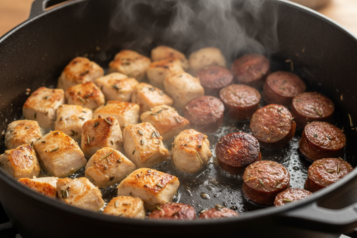 Easy One-Pot Beef, Chicken & Shrimp Jambalaya 2 Stovetop Jambalaya preparation step 1