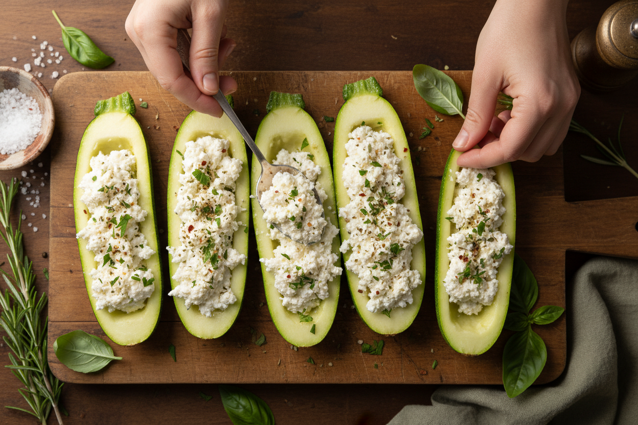 Cheesy Baked Zucchini Halves: A Delicious Low-Carb Recipe 3 Baked Cheesy Stuffed Zucchini Boats preparation step 2
