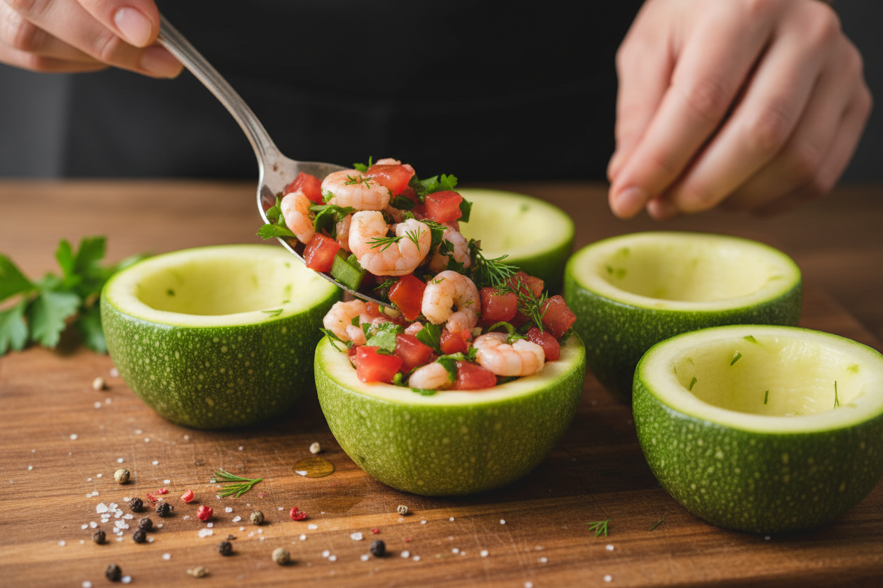 Baked Shrimp Stuffed Zucchini Boats (Low Carb) 2 Baked Shrimp Stuffed Zucchini Boats preparation step 1
