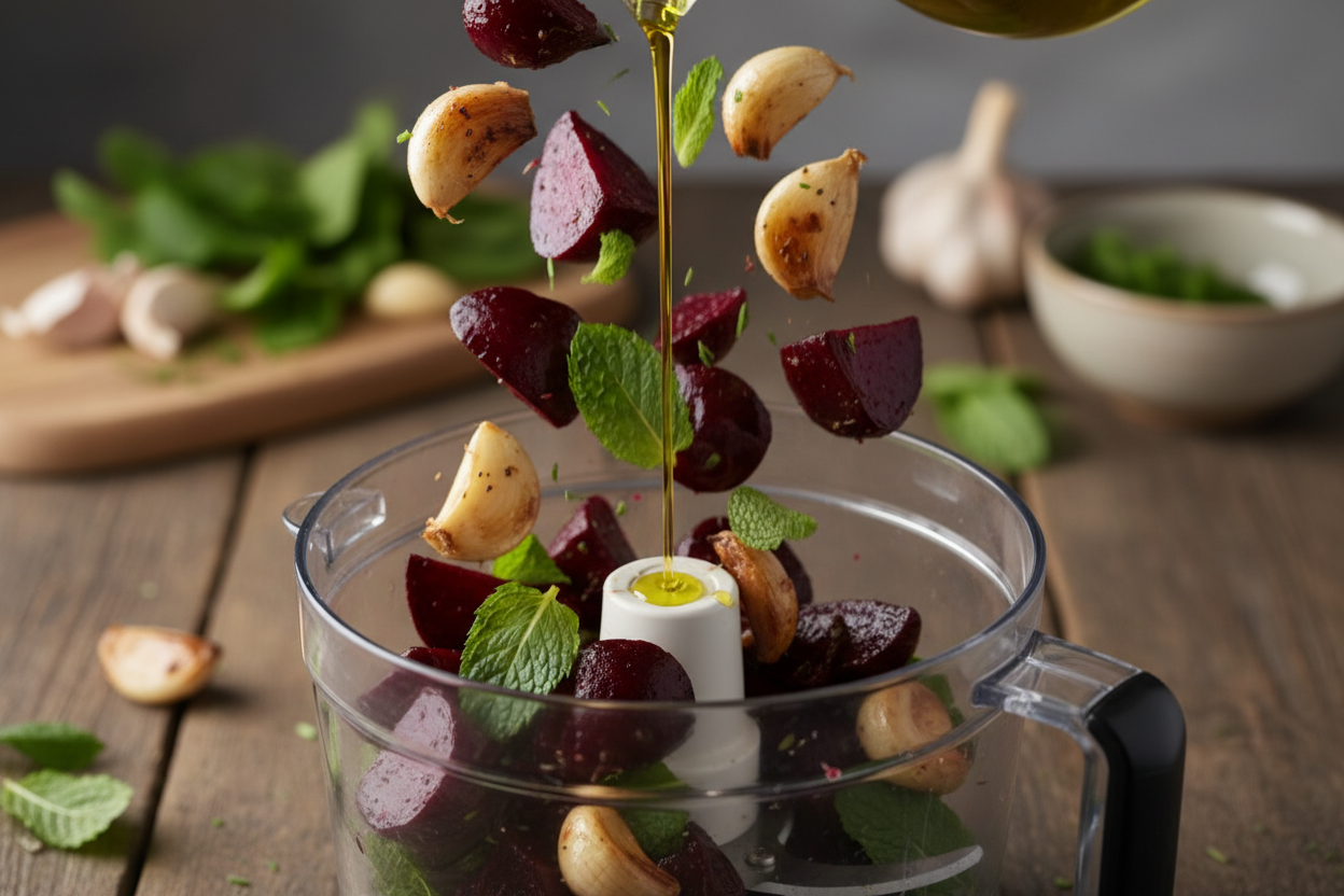 Vibrant Roasted Beet Spread with Crisp Corn Tortillas 2 Beetroot Dip with Corn Chips preparation step 1