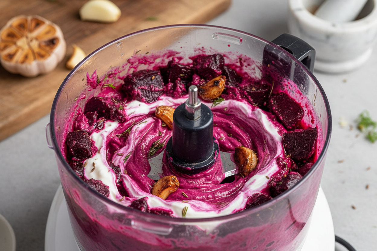 Vibrant Roasted Beet Spread with Crisp Corn Tortillas 3 Beetroot Dip with Corn Chips preparation step 2