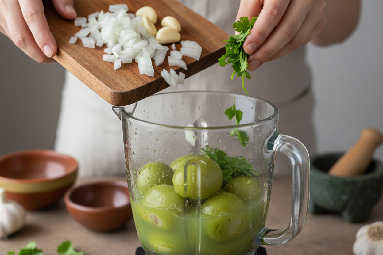 Authentic Tomatillo Salsa Verde Recipe with Refried Beans 3 Bright Tomatillo Salsa Verde preparation step 2
