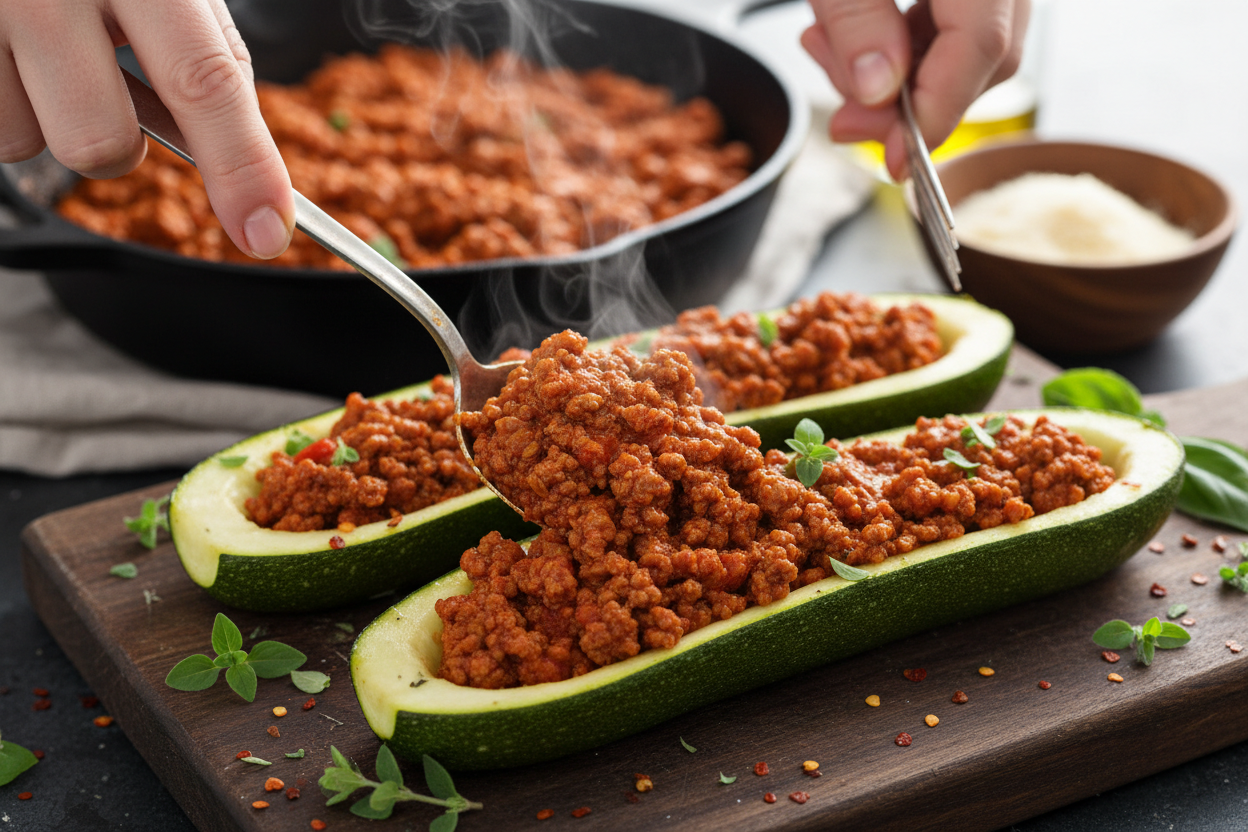Cheesy Beef Stuffed Zucchini Boats (Low Carb Recipe) 2 Easy Cheesy Ground Beef Zucchini Boats preparation step 1