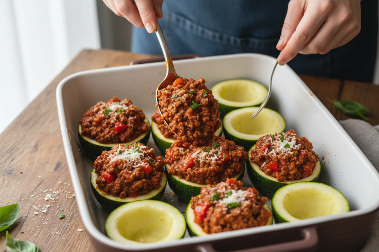 Easy Baked Stuffed Squash Halves with Savory Meat Sauce 3 Easy Ground Beef Zucchini Boats preparation step 2