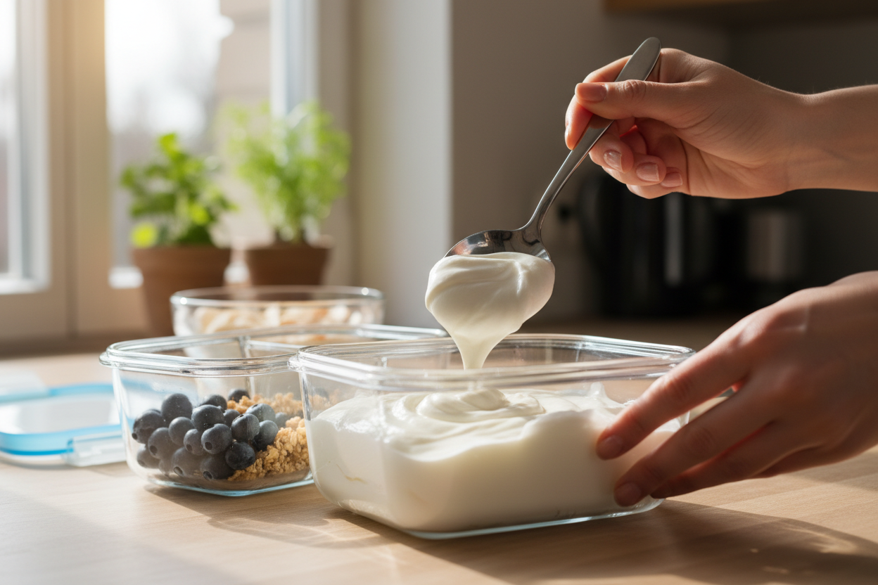 Nutritious On-The-Go Yogurt & Berry Bento: Easy Meal Prep 2 Healthy Snack Box with Greek Yogurt, Granola, Berries & Dark Chocolate preparation step 1