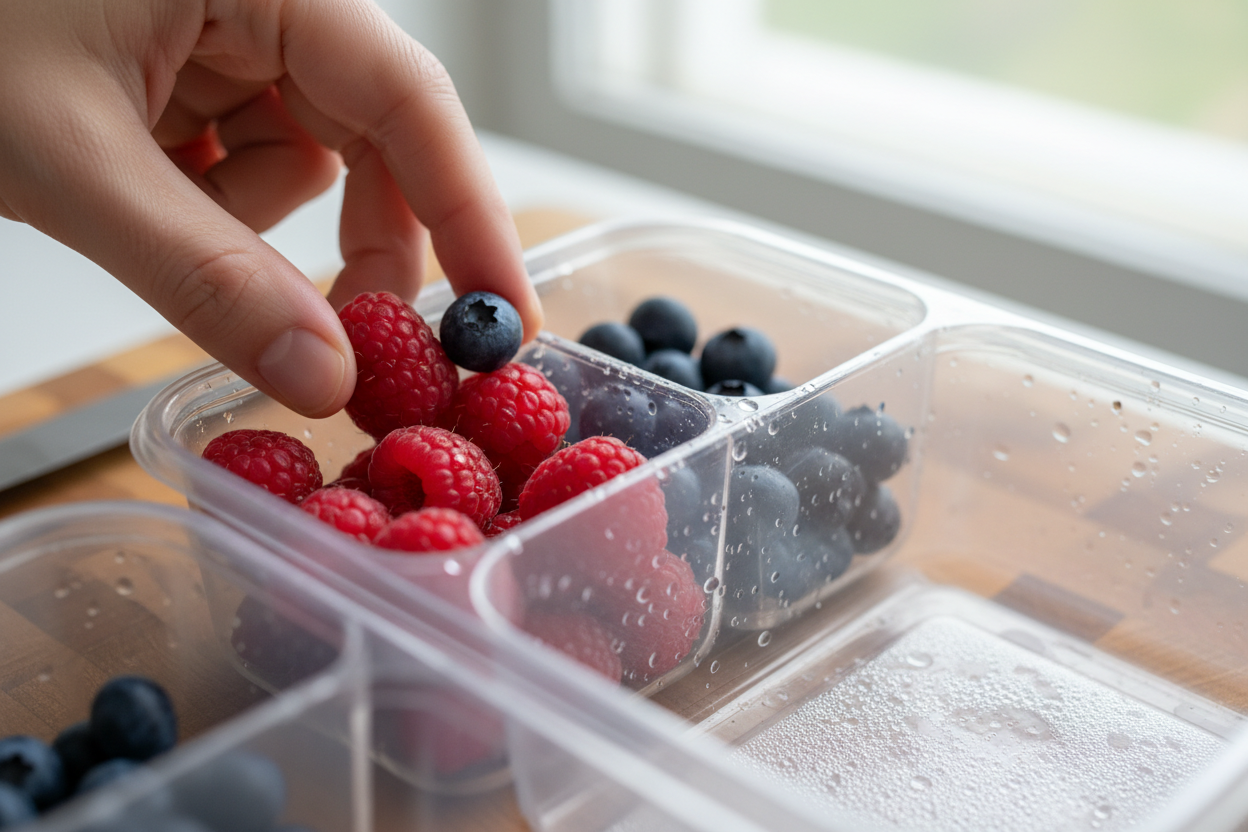 Nutritious On-The-Go Yogurt & Berry Bento: Easy Meal Prep 3 Healthy Snack Box with Greek Yogurt, Granola, Berries & Dark Chocolate preparation step 2
