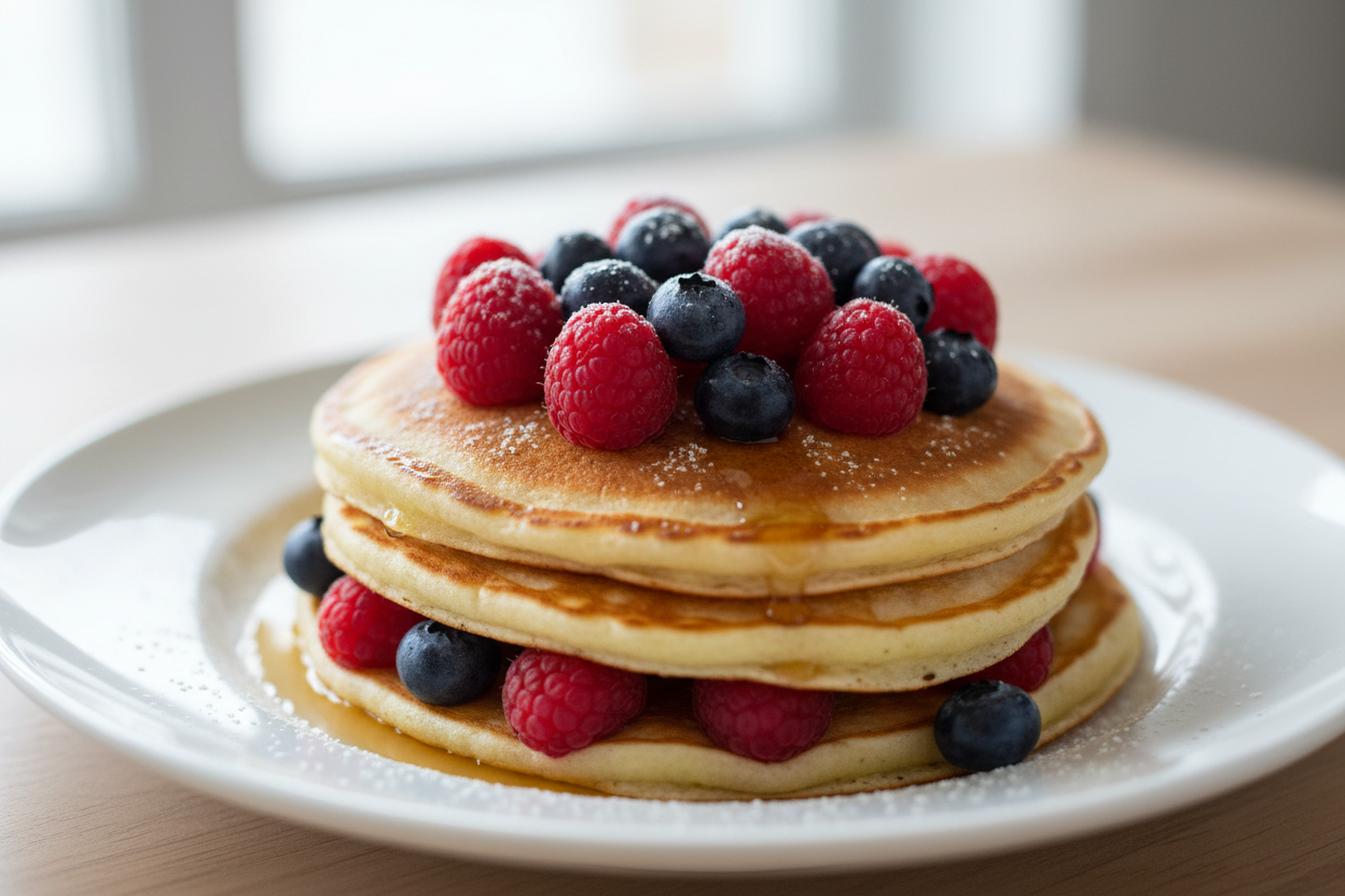 Fluffy Berry & Pistachio Flapjacks | Ultimate Breakfast Recipe 3 Stacked Pancakes with Maple Syrup preparation step 2