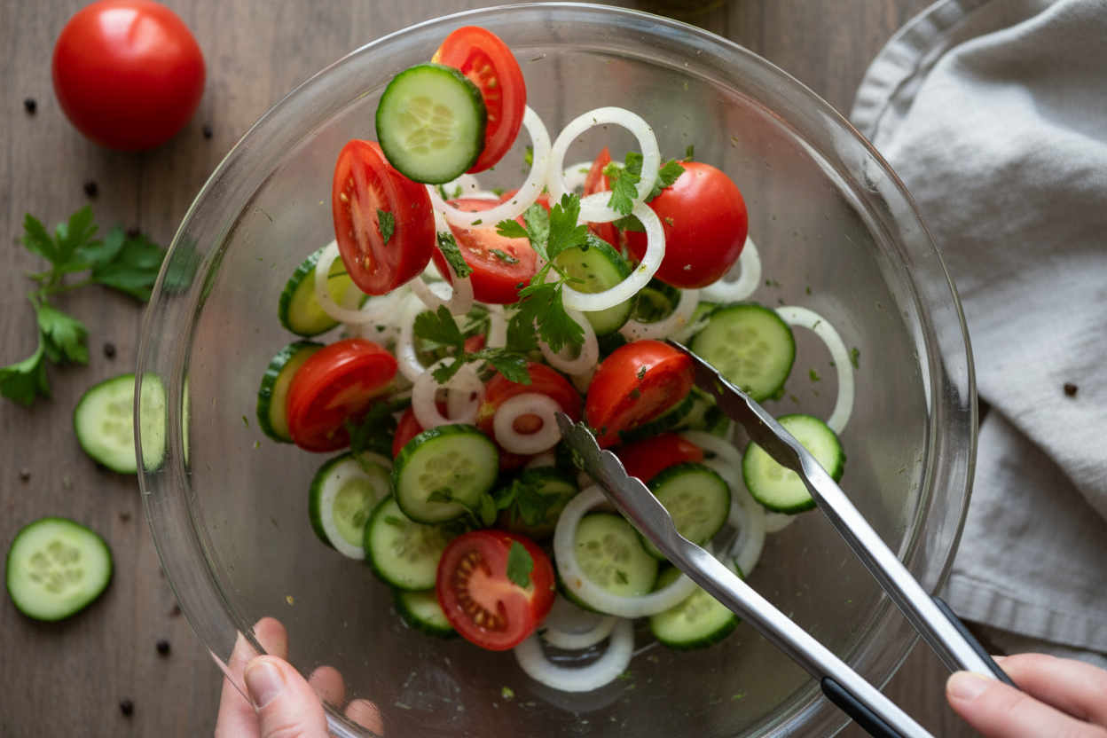 Refreshing Summer Veggie Toss: Easy Cucumber Tomato Toss 2 Tomato, Cucumber, and Onion Salad preparation step 1