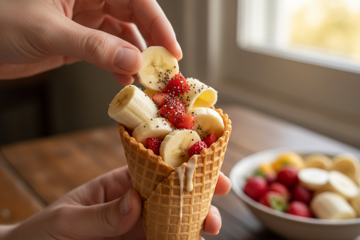 Quick & Fresh Banana Strawberry Fruit Cones Recipe 2 Waffle Ice Cream Cone with Banana and Strawberry preparation step 1