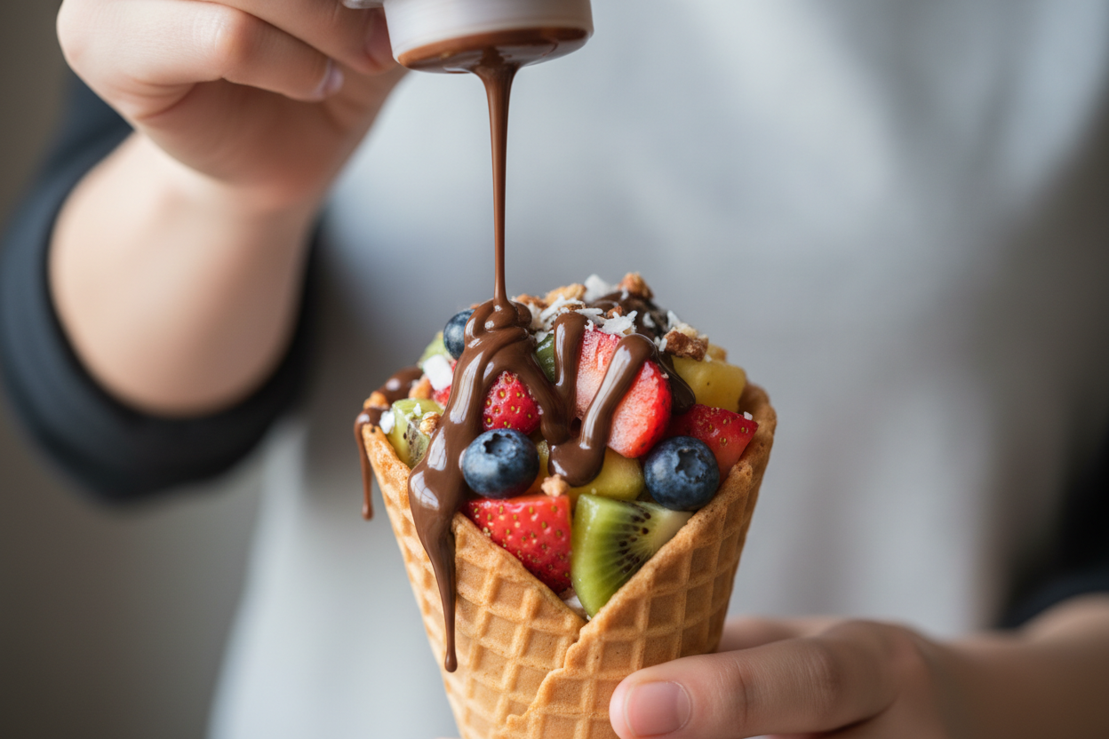 Quick & Fresh Banana Strawberry Fruit Cones Recipe 3 Waffle Ice Cream Cone with Banana and Strawberry preparation step 2