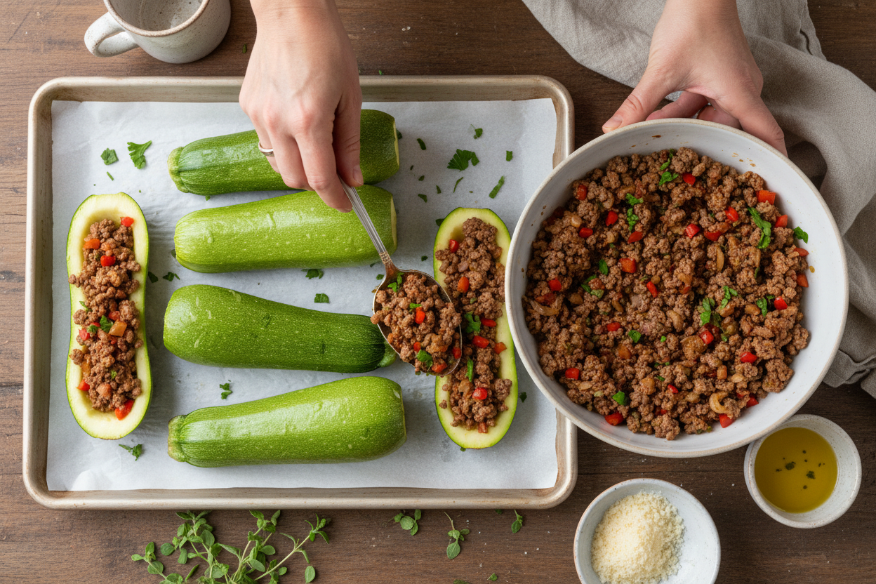 Savory Ground Beef Zucchini Boats: Low-Carb Recipe 3 Zucchini Boats preparation step 2