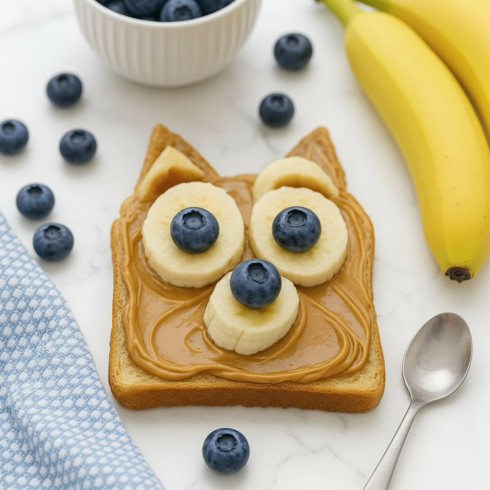 Fun Animal Face Peanut Butter Banana Blueberry Toast 1 Fun Animal Face Peanut Butter Banana Blueberry Toast