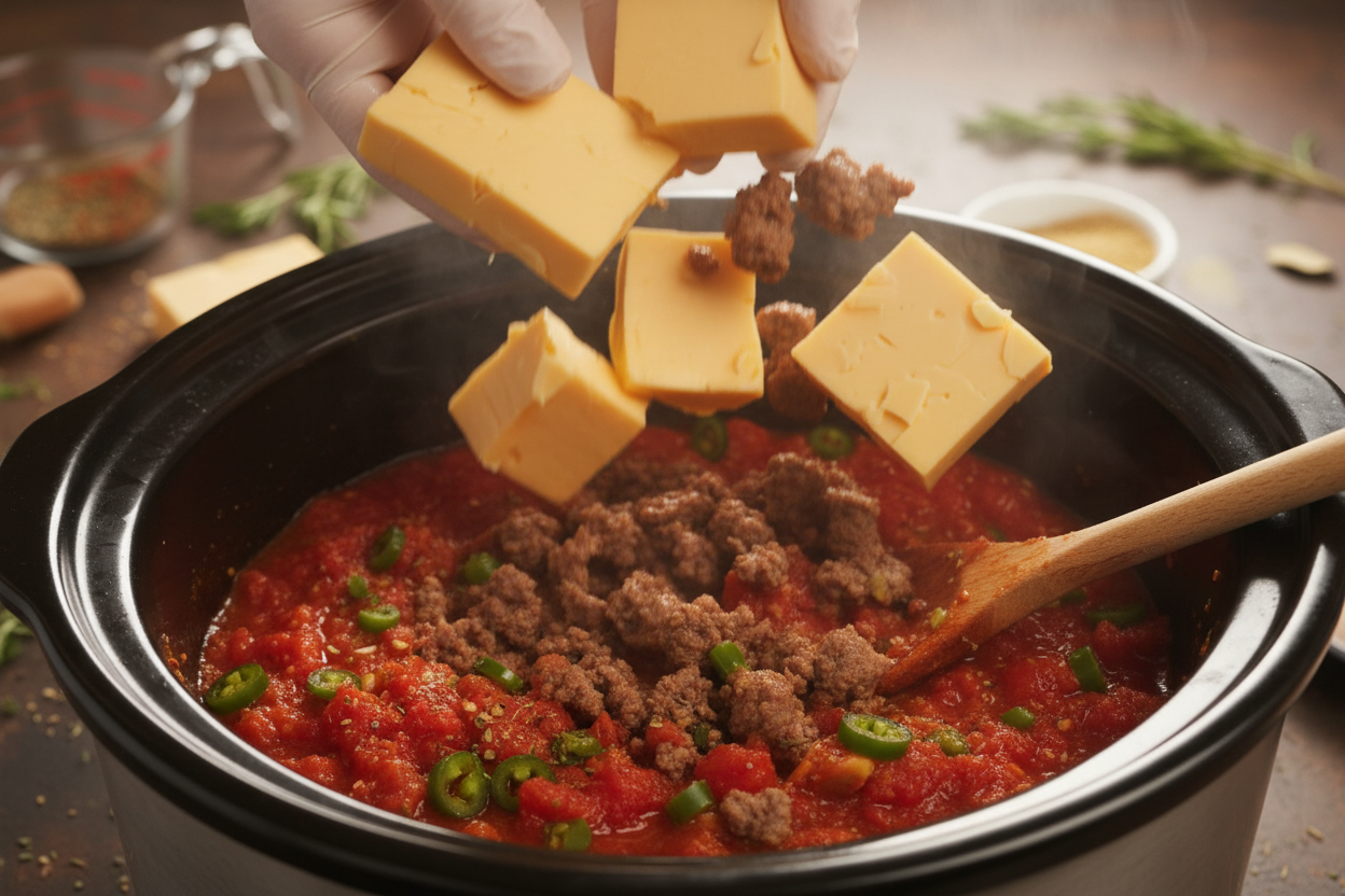 Creamy Crockpot Rotel Dip with Ground Beef (Easy Queso) 2 Creamy Crockpot Rotel Dip preparation step 1