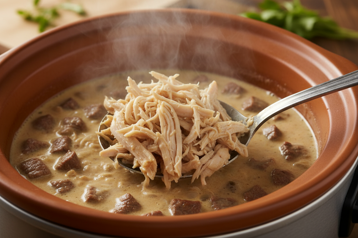 Crock Pot Chicken Pot Pie Pasta (With Beef & Penne) 2 Crock Pot Chicken Pot Pie Pasta preparation step 1