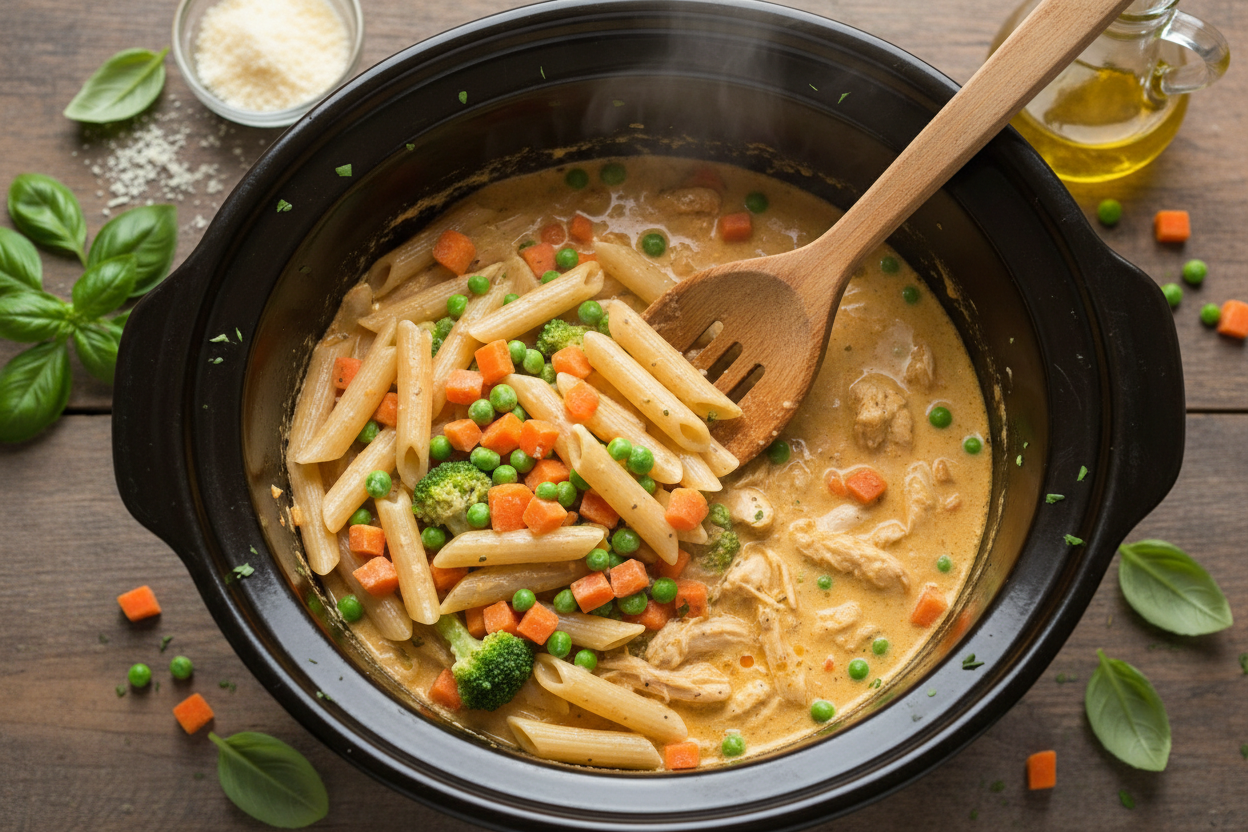 Crock Pot Chicken Pot Pie Pasta (With Beef & Penne) 3 Crock Pot Chicken Pot Pie Pasta preparation step 2