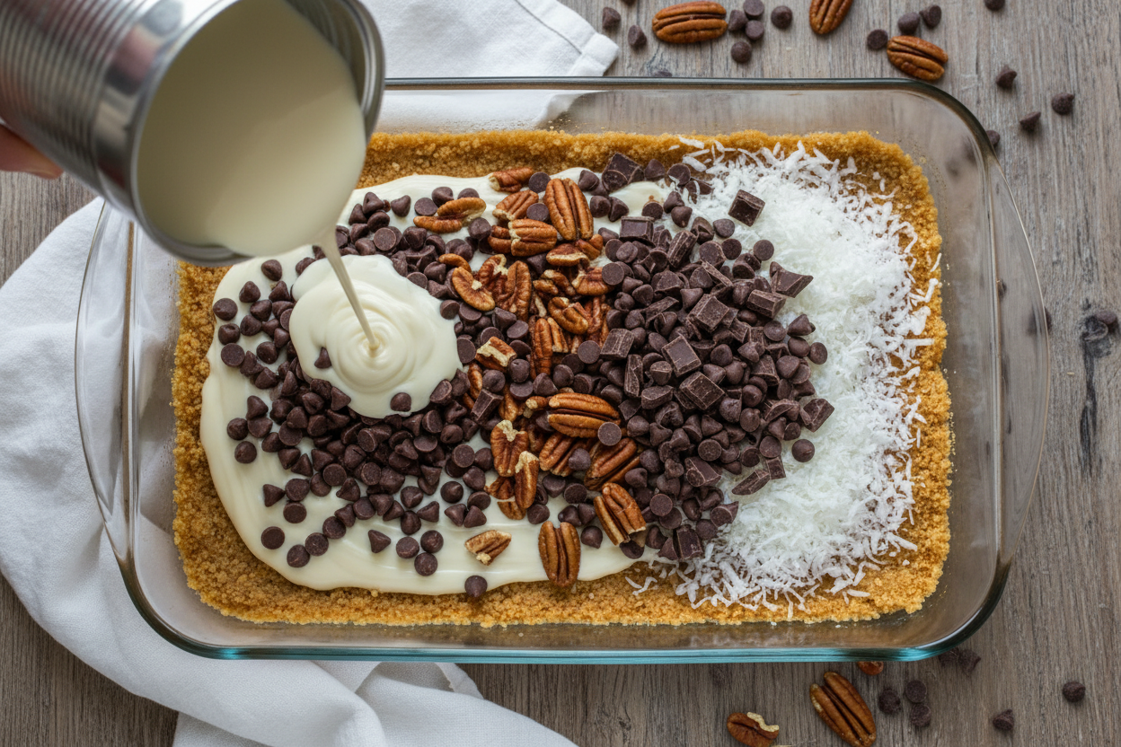 Classic Southern Seven-Layer Dessert: Dolly Cookie Squares 3 Hello Dolly Magic Cookie Bars preparation step 2
