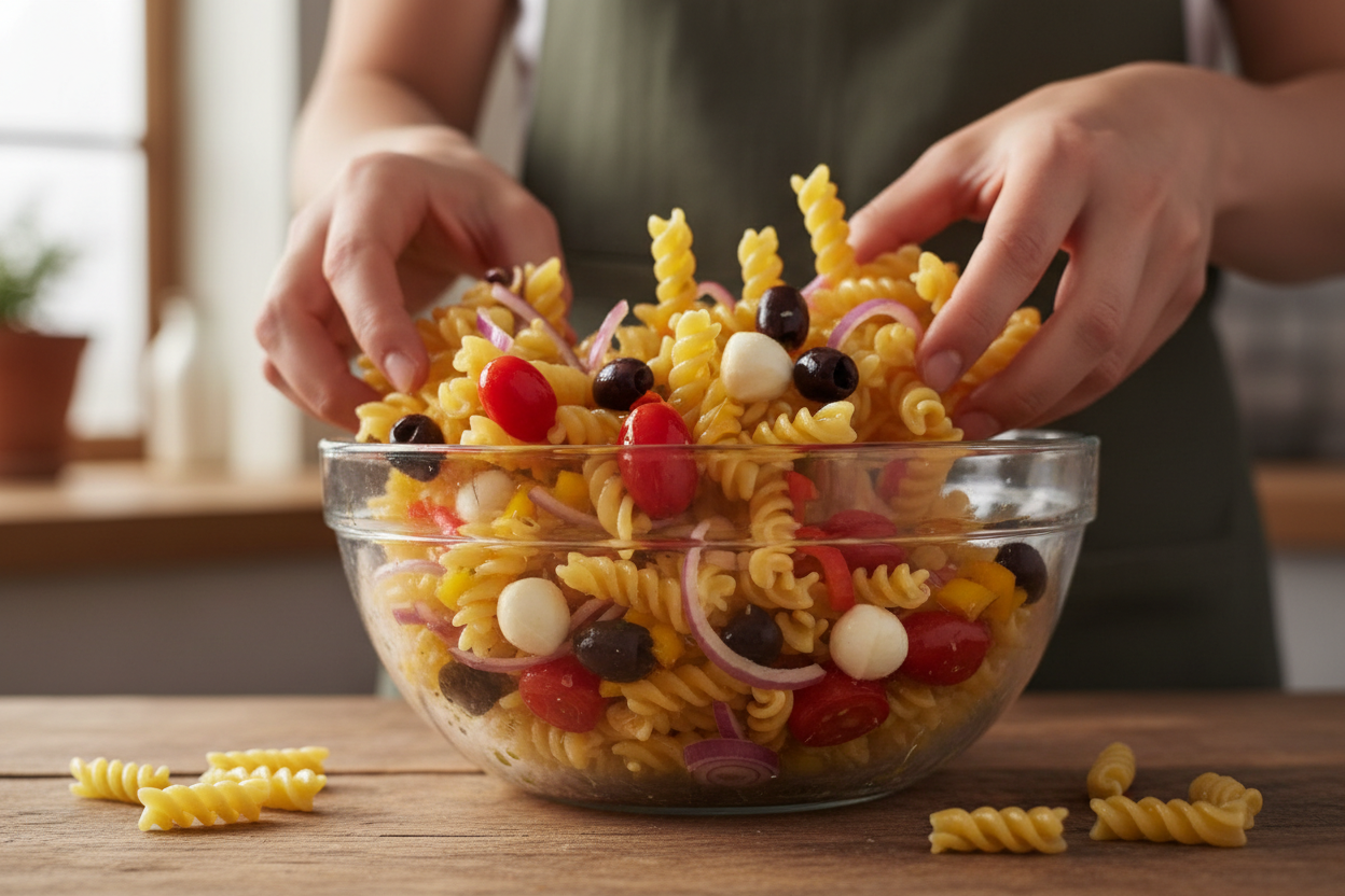 Make-Ahead Beef Salami Cold Fusilli Recipe for Summer BBQs 2 Italian Pasta Salad preparation step 1