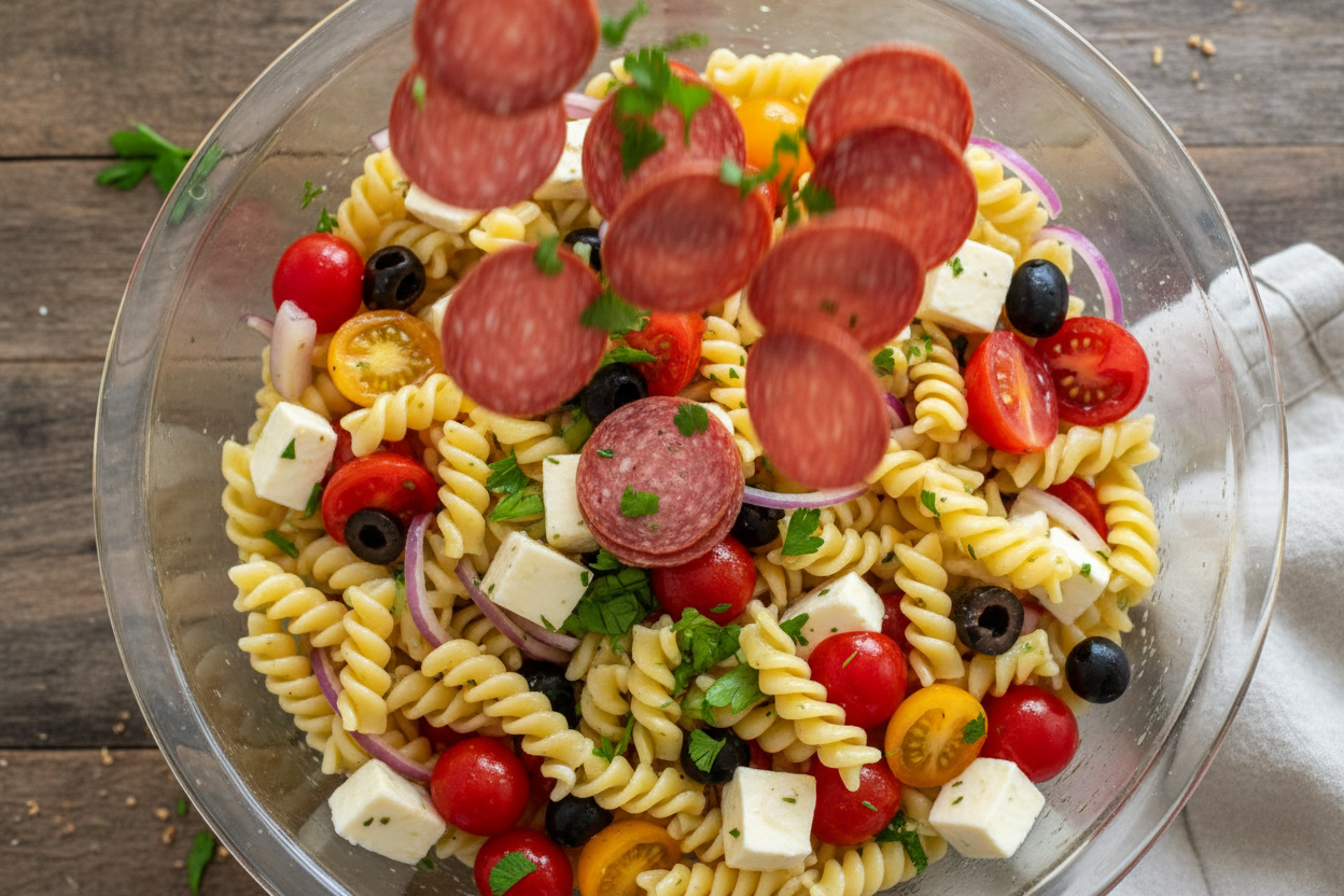 Make-Ahead Beef Salami Cold Fusilli Recipe for Summer BBQs 3 Italian Pasta Salad preparation step 2