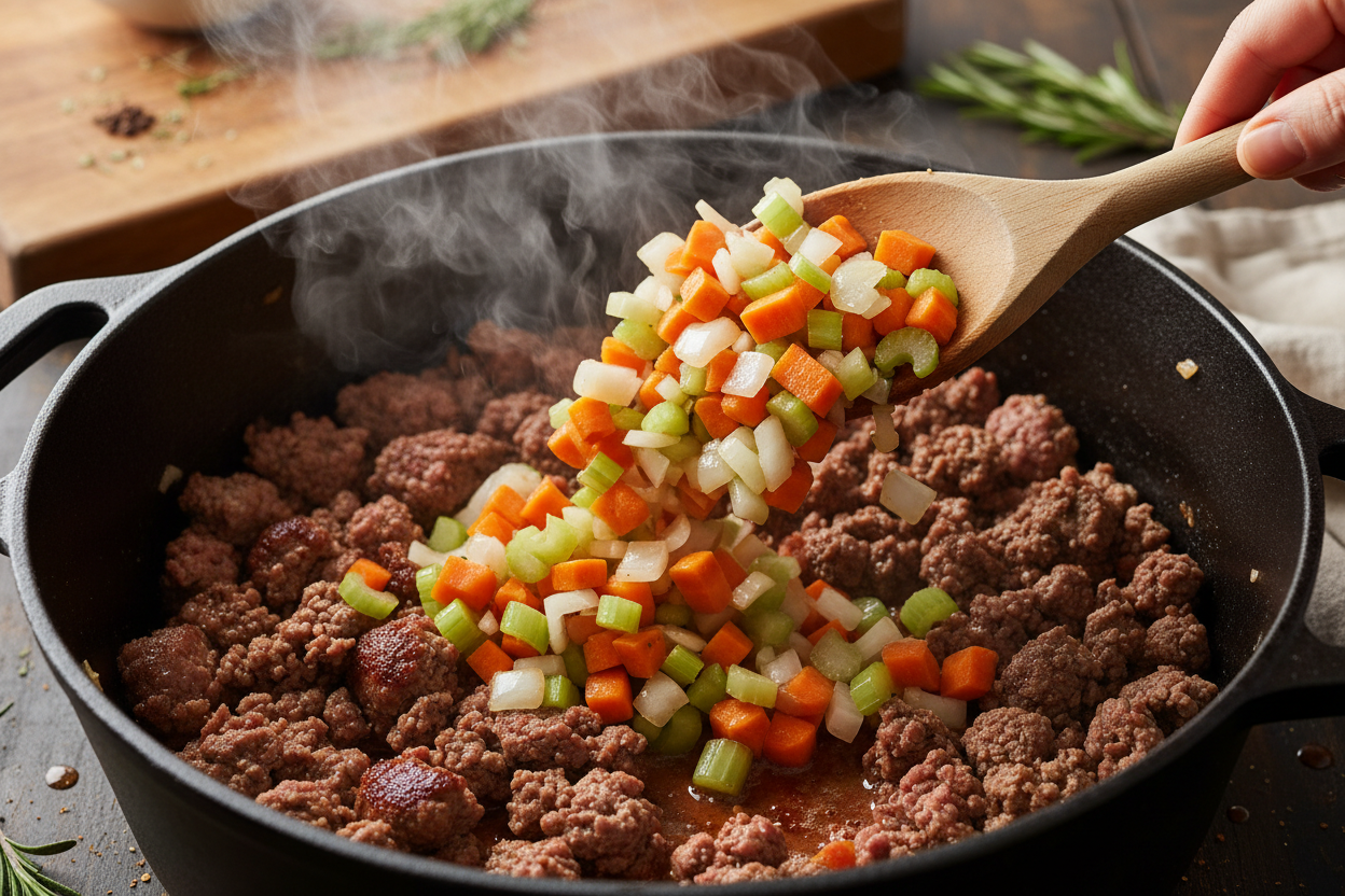 One-Pot Macaroni Cheeseburger Soup preparation step 1
