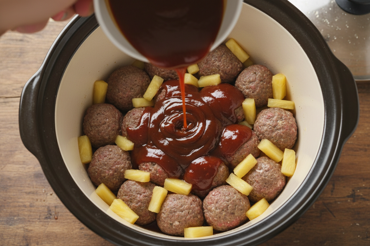 Easy Crockpot Pineapple BBQ Beef Meatballs 3 Slow Cooker Pineapple Barbecue Meatballs preparation step 2