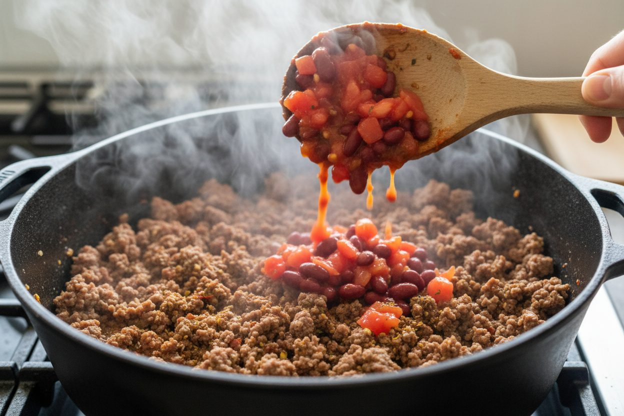 Creamy Cheesy Beef and Macaroni (One-Pot Family Dinner) 2 Creamy Chili Mac preparation step 1