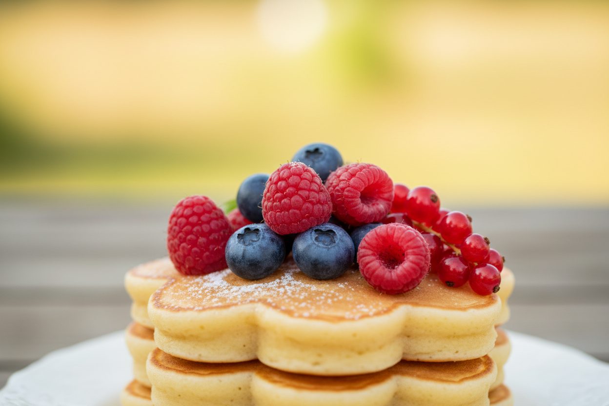 Beautiful Flower Shaped Pancakes with Berries & Cured Beef 3 Flower-shaped Pancakes with Mixed Berries and Cream preparation step 2