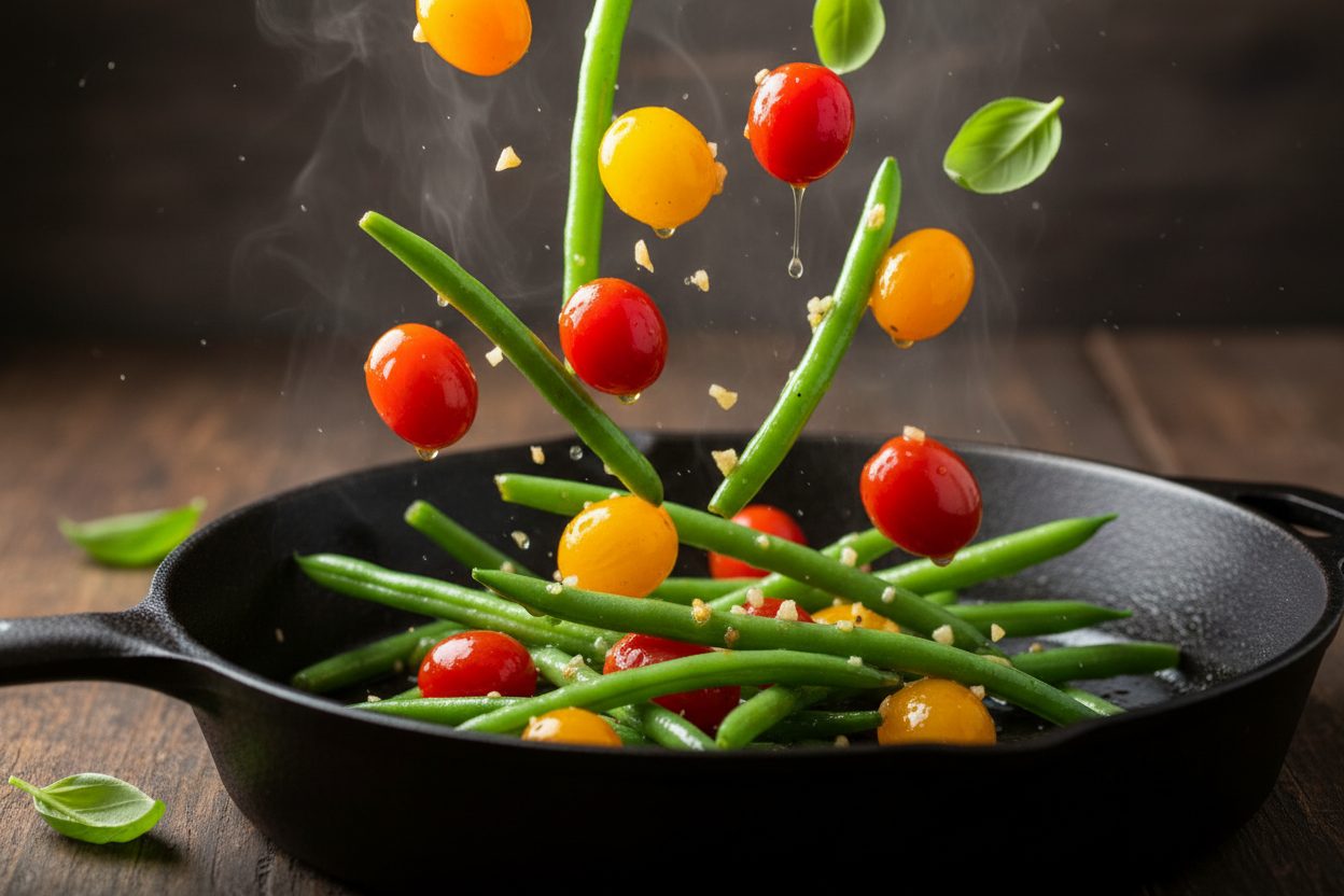 Green Beans with Cherry Tomatoes Quick Healthy Recipe 2 Green Beans with Cherry Tomatoes preparation step 1