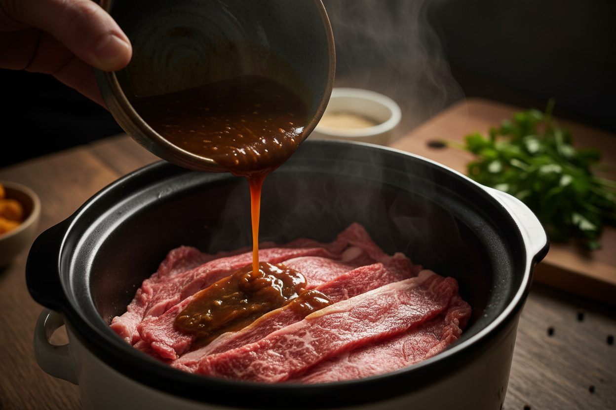 Easy Crock Pot Pepper Steak (Tender & Flavorful) 2 Pepper Steak in a Crock Pot preparation step 1