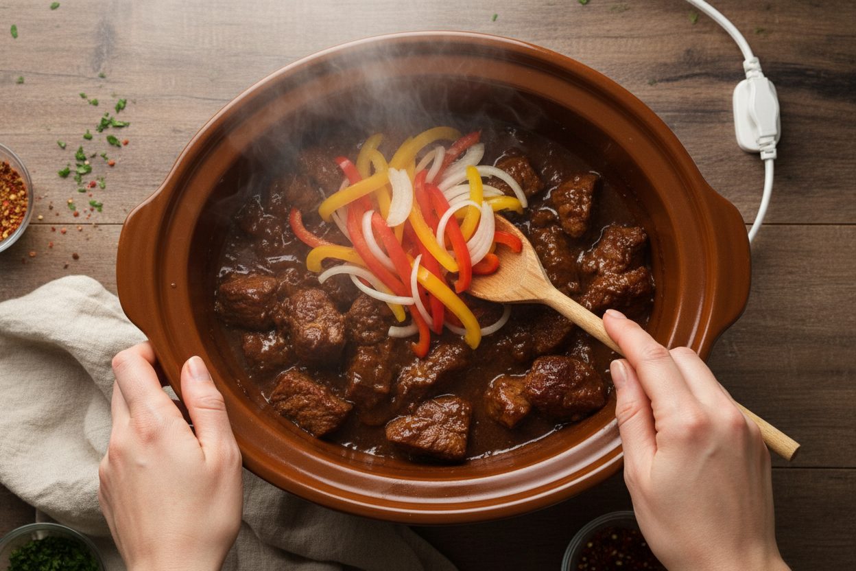 Easy Crock Pot Pepper Steak (Tender & Flavorful) 3 Pepper Steak in a Crock Pot preparation step 2