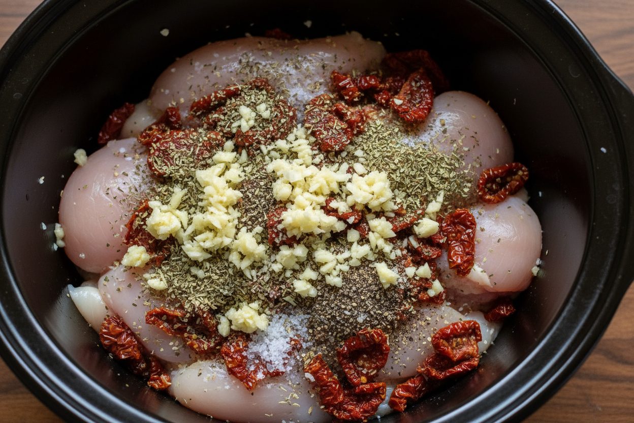 Creamy Crockpot Tuscan Chicken Recipe 2 Slow Cooker Tuscan Chicken preparation step 1