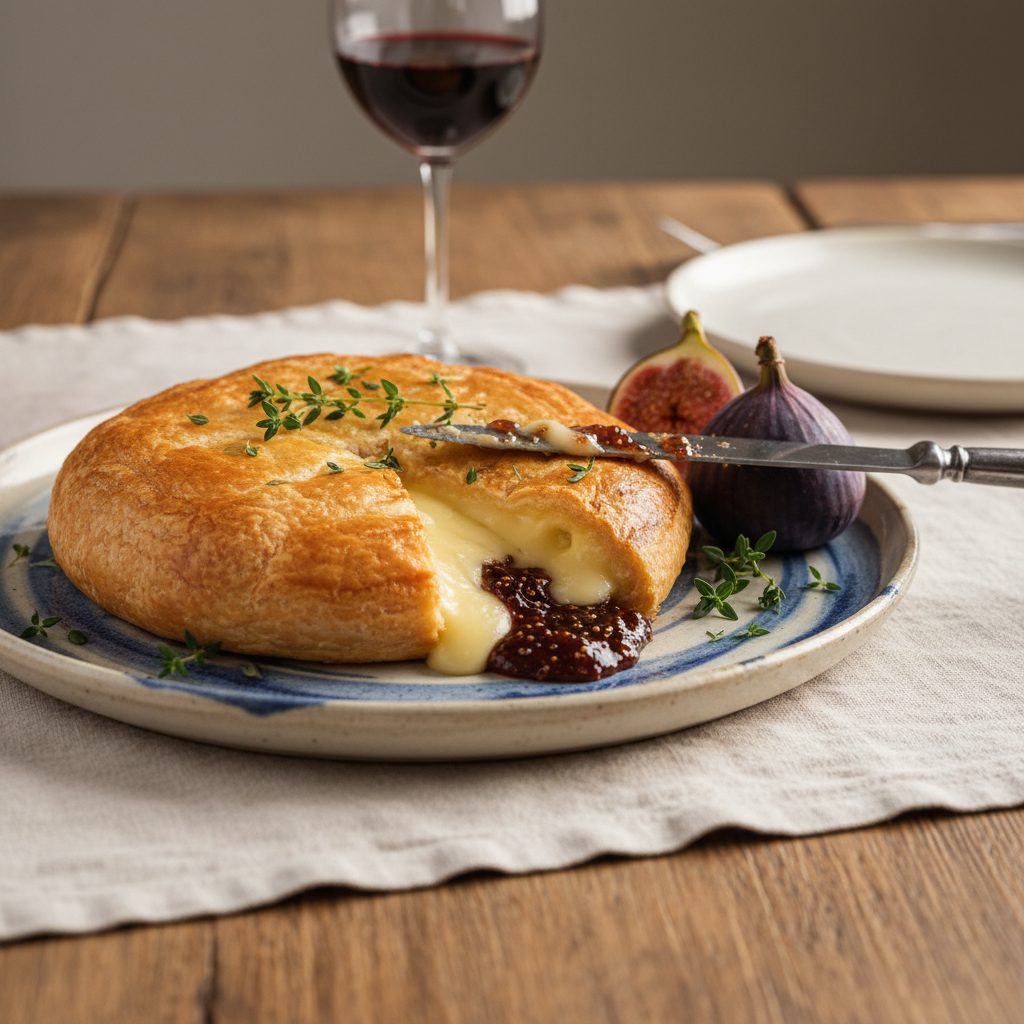 Close-up of a slice of baked brie in puff pastry revealing gooey cheese and fig jam, served on a platter with fresh garnishes