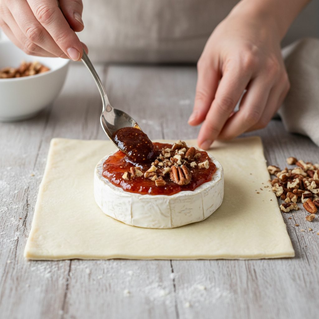 Hands spreading fig jam over brie cheese on puff pastry, preparing to wrap the baked brie in puff pastry.