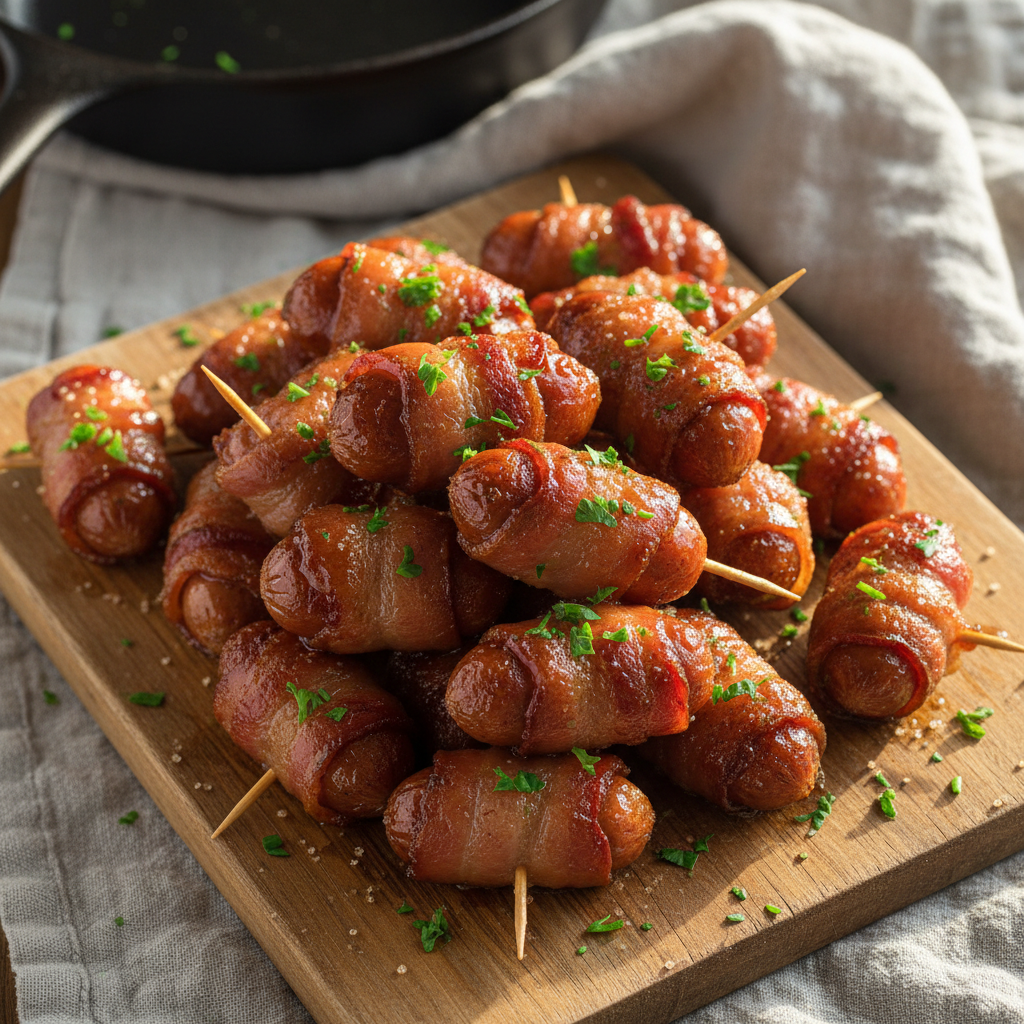 Brown Sugar Bacon Little Smokies 1 Overhead view of a platter of delicious brown sugar bacon wrapped little smokies, glistening with caramelized glaze, ready to