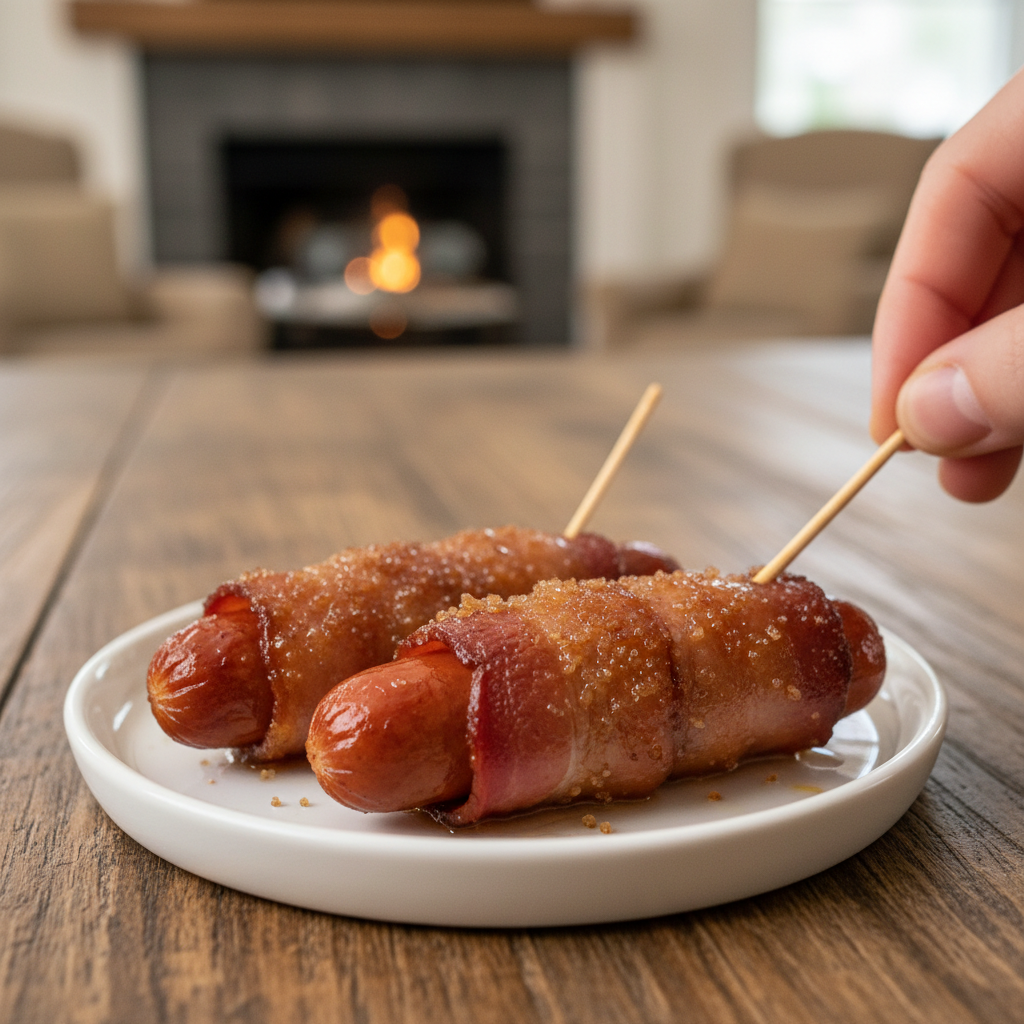 Brown Sugar Bacon Little Smokies 3 A small plate featuring perfectly cooked brown sugar bacon wrapped little smokies, crispy and glazed, presented beautifully a