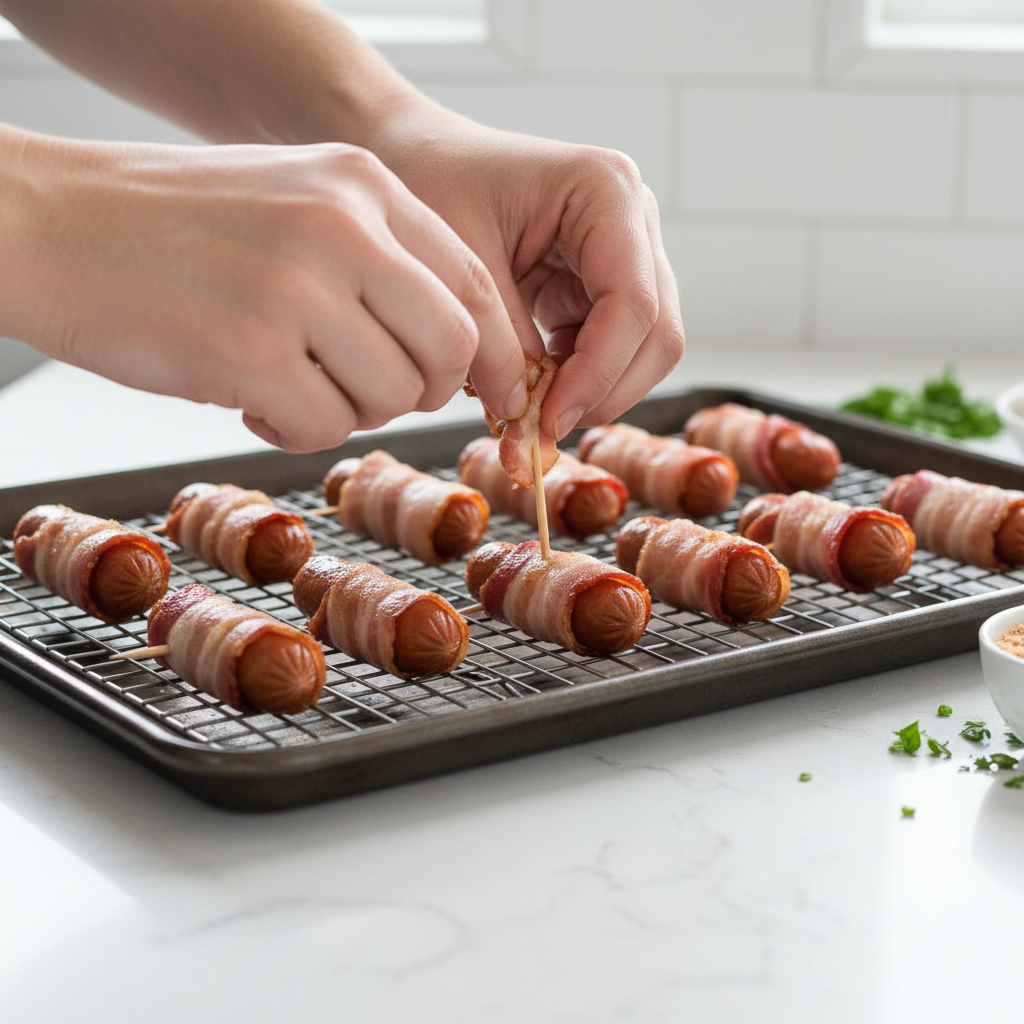 Brown Sugar Bacon Little Smokies 2 Hands wrapping a little smokie with a strip of bacon and securing it with a toothpick, showcasing the preparation process for