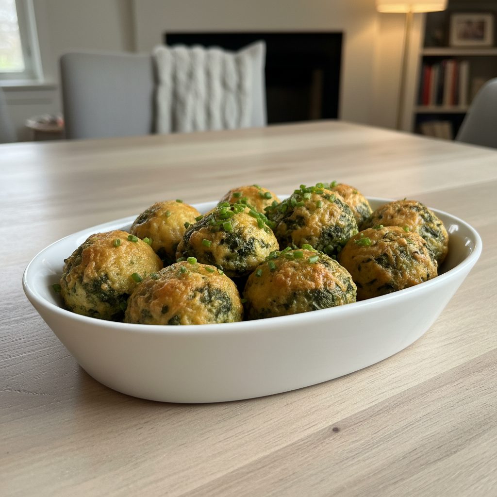 Cheesy Spinach Balls 3 A beautifully plated serving of golden-brown cheesy spinach balls on a white platter, garnished with chives, ready to be eate