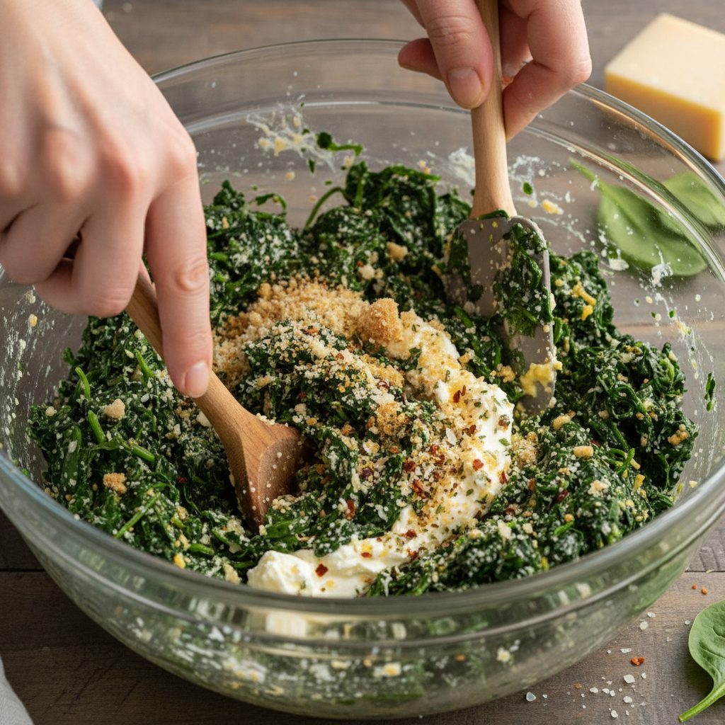 Cheesy Spinach Balls 2 Hands mixing spinach, cheese, and breadcrumbs in a bowl, showing the consistency of the mixture before forming the cheesy spi