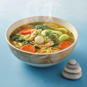 Comforting Chicken Soup with Noodles and Beef Balls